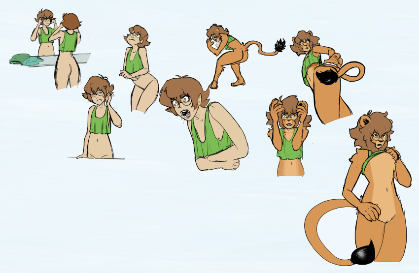 1girls 2019 anthro ass bottomless breasts brown_hair clothed clothing eyewear fangs felid female glasses hair hi_res human human_to_anthro light-skinned_female light_skin lion mammal necrolepsy no_breasts nude pantherine pidge_gunderson pussy sequence short_hair simple_background solo species_transformation surprise transformation voltron voltron:_legendary_defender white_background