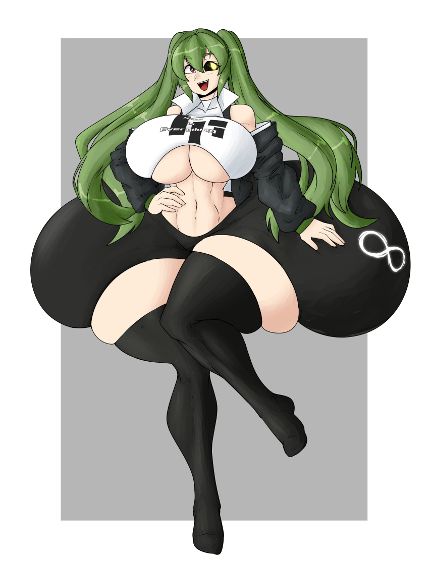 1girls alternate_version_available enormous_ass green_hair huge_breasts hyper_ass infinity_symbol long_hair rust_and_bolts smile solo_female tagme thick_thighs underboob