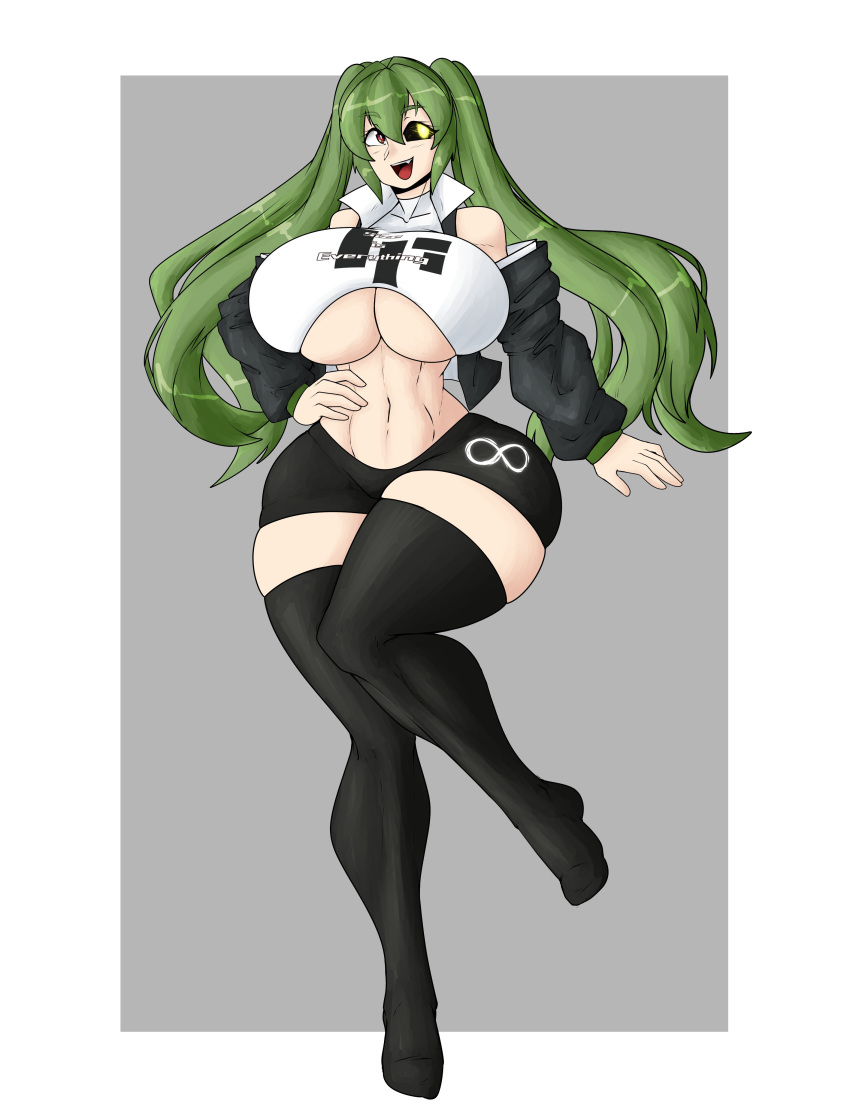 1girls alternate_version_available green_hair hourglass_figure huge_breasts infinity_symbol long_hair rust_and_bolts smile solo_female tagme thick_thighs thighhighs underboob wide_hips