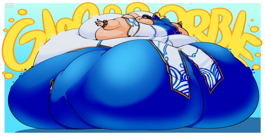 bbw big_ass big_belly big_breasts black_hair bloated_belly capcom chun-li fat female female_focus female_only huge_ass huge_belly huge_breasts hyper_ass immobile morbidly_obese morbidly_obese_female overweight plain_background sharkbubble street_fighter sweat sweatdrop tagme text twitter watermark