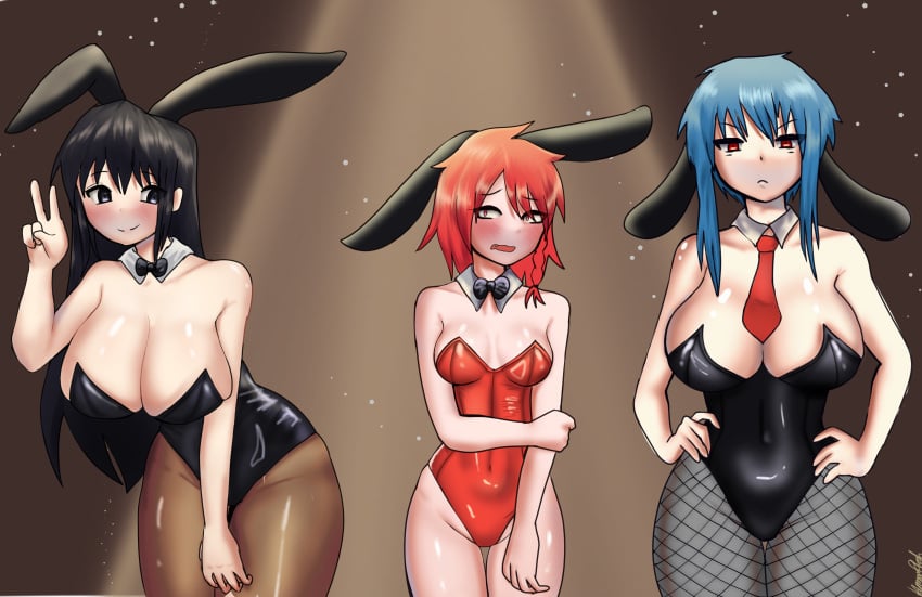 big_breasts black_hair blue_hair bunny_costume bunny_girl bunnysuit long_hair maeno_aki pink_eyes red_eyes red_hair short_hair small_breasts tsugino_haru ushirono_fuyu vanity2112 zeno zeno_remake