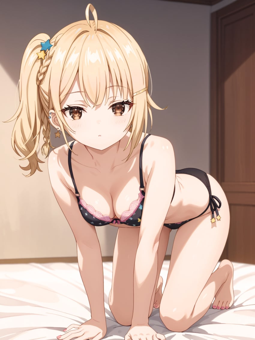 ahoge ai_assisted ai_generated all_fours ass_visible_through_thighs bare_arms bare_belly bare_legs bare_shoulders bare_thighs barefoot bed bed_sheet belly_button bikini black_bikini blonde_hair blush breasts cleavage collarbone earrings feet hair_ornament indoors medium_breasts miyamae_nonoa nail_polish parted_lips pierced_ears pink_nails sakura_locked shiny_skin side-tie_bikini_bottom side_ponytail thighs toes tokidoki_bosotto_russian_de_dereru_tonari_no_alya-san yellow_eyes