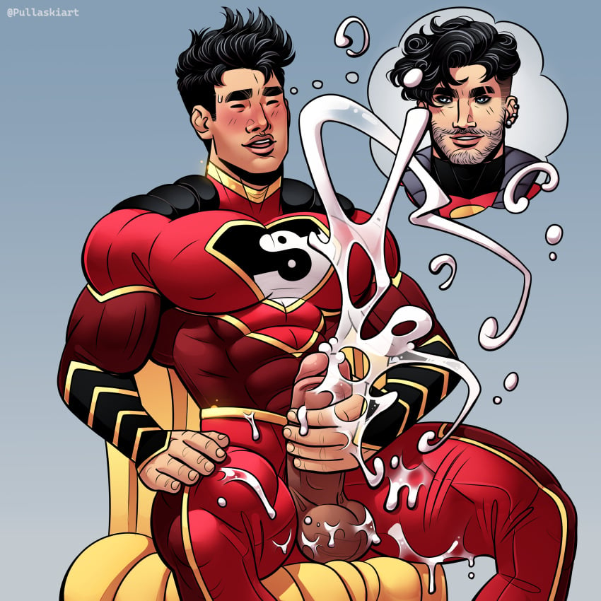 blush conner_kent cum cumshot dark_penis dc dc_comics excessive_cum gay jerking jerkingoff kong_kenan male male_only pullaskiart superboy superboy_(conner_kent) superman thinking_of_someone_else tight_clothing