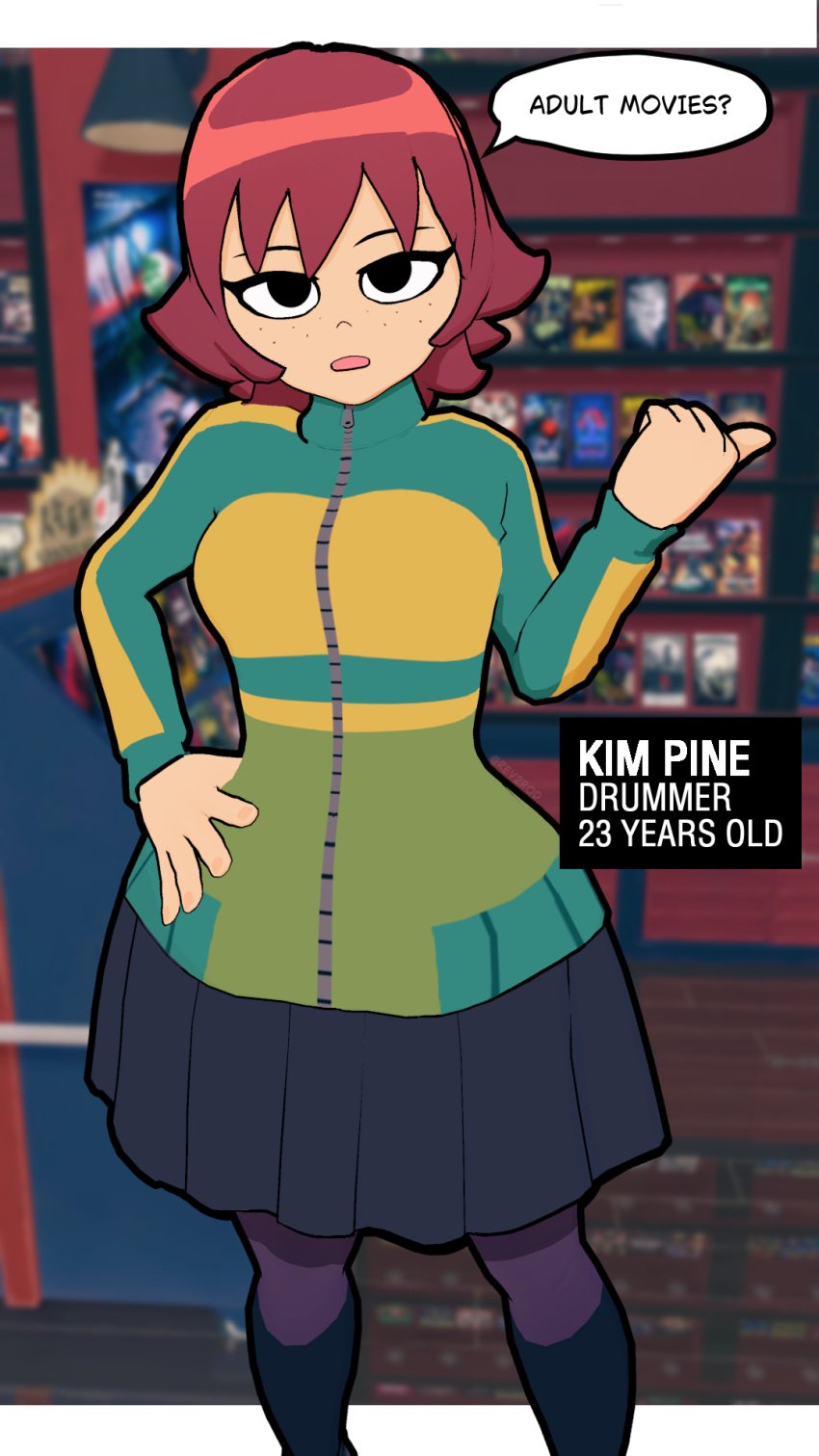 1girls 3d black_eyes brown_hair clothed dialogue_bubble female female_focus freckles freckles_on_face jacket kim_pine koikatsu red_hair rev2rod scott_pilgrim scott_pilgrim_takes_off short_hair skirt socks tagme