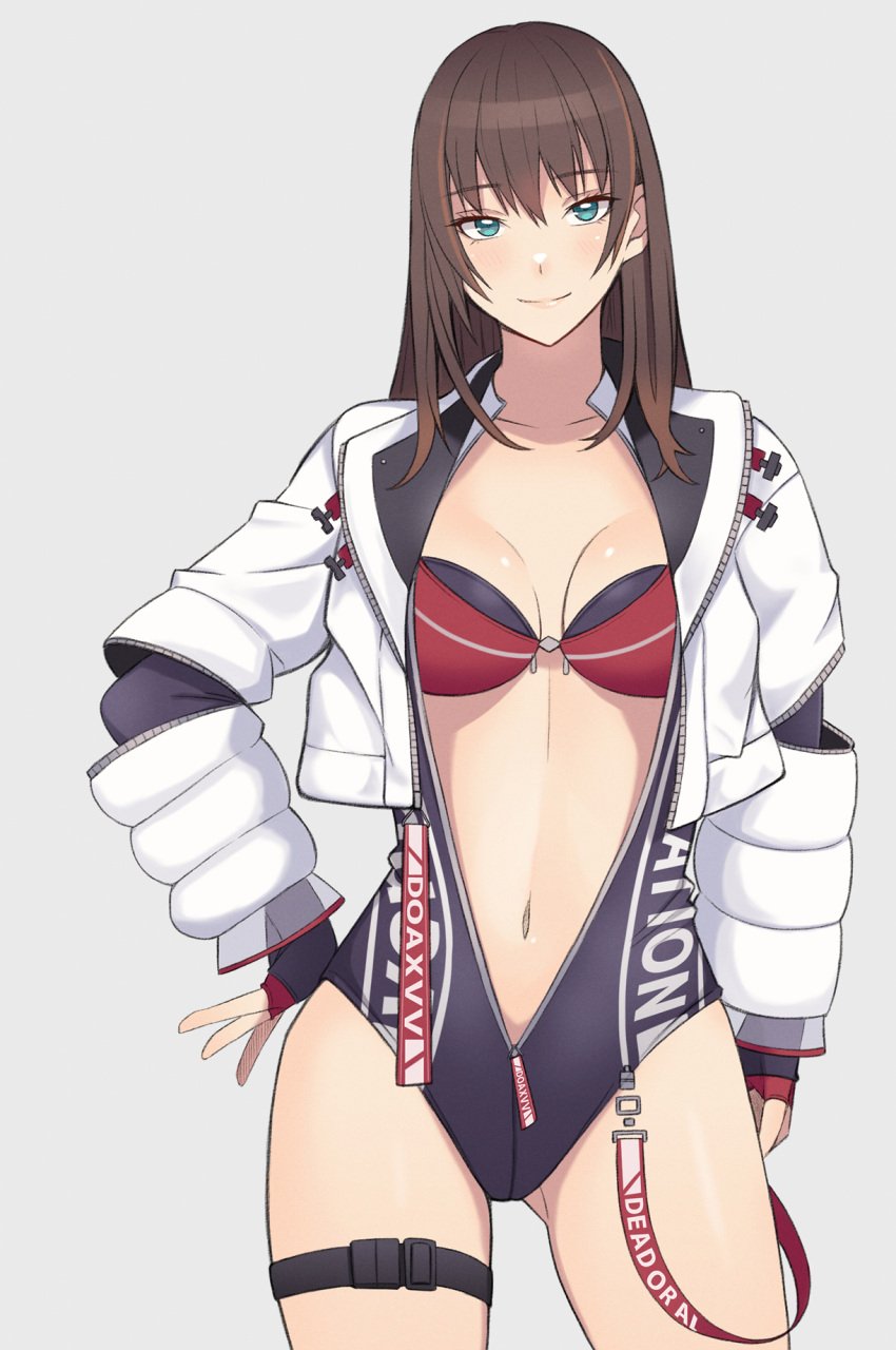 1girls alluring bikini blush brown_hair dead_or_alive dead_or_alive_xtreme dead_or_alive_xtreme_venus_vacation front_zipper_swimsuit green_eyes high_res jacket konishiki_(52siki) long_hair looking_at_viewer medium_breasts meme_attire nanami_(doa) one-piece_bikini open_clothes open_jacket smile tecmo white_jacket