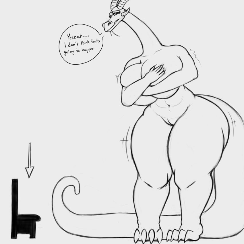 1:1 anthro bartok_the_magnificent big_breasts breasts chair dialogue don_bluth dragon english_text female furniture hi_res holding_breast huge_breasts long_neck ludmilla_(bartok) macro mirokuj7 monochrome simple_background sketch text thick_thighs wide_hips