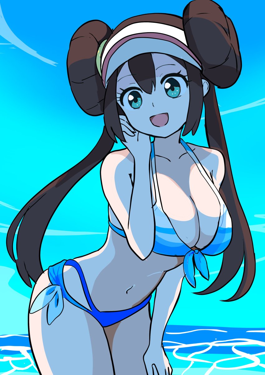 absurdres alternate_breast_size alternate_costume aqua_eyes bikini blue_bikini breasts brown_hair cleavage commentary_request creatures_(company) double_bun doughnut_hair_bun female front-tie_bikini_top front-tie_top game_freak green_eyes hair_bun hand_on_own_cheek hand_on_own_face hand_up highres large_breasts leaning_forward long_hair mukuhookusuki nintendo open_mouth pokemon pokemon_bw2 rosa_(pokemon) smile solo swimsuit twintails visor_cap water