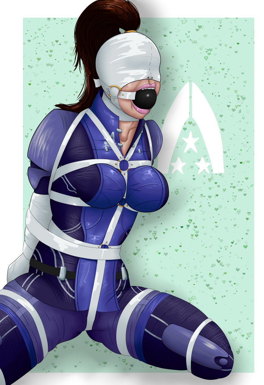 armbinder ashley_williams ball_gag blindfold bondage bondage_gear bound brown_hair female female_only femsub fully_clothed gag hood hooded mass_effect meowitzher png ponytail sensory_deprivation sensory_deprivation_hood tight_clothing