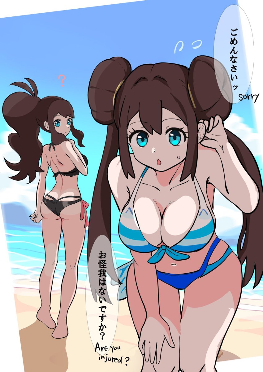 2girls ? beach bikini black_bikini blue_eyes breasts brown_hair creatures_(company) curvy day double_bun emotionless emotionless_female game_freak hair_bun highres hilda_(pokemon) indifference indifferent leotard long_hair looking_at_viewer mukuhookusuki multiple_girls navel nintendo ocean open_mouth pokemon pokemon_bw pokemon_bw2 ponytail rosa_(pokemon) speech_bubble swimsuit thong thong_leotard twintails unamused uncaring wide_hips