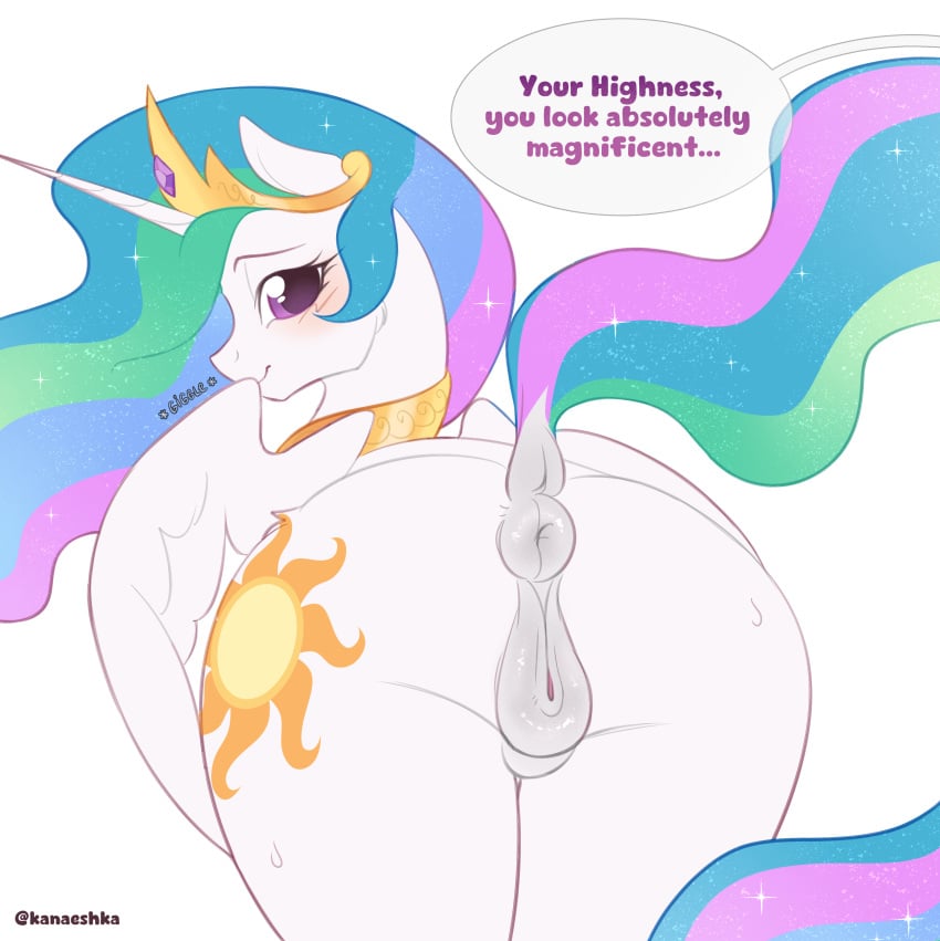 absurd_res alicorn anatomically_correct anus ass blush butt_focus compliment crown cutie_mark dark equid equine female friendship_is_magic genitals hasbro headgear hi_res horn kanaeshka looking_at_viewer looking_back mammal my_little_pony mythological_creature mythological_equine mythology princess princess_celestia_(mlp) puffy_anus pussy relaxed_expression royalty smile solo wings wings_folded