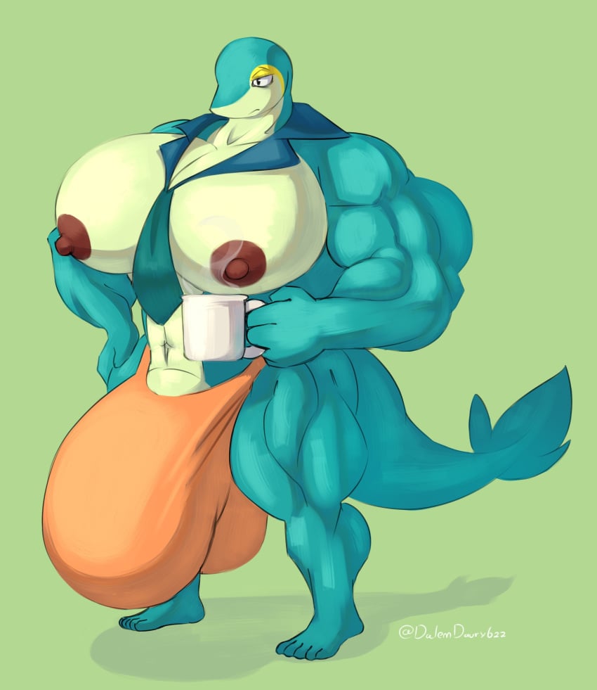 abs absurd_res anthro areola balls beverage biceps big_balls big_muscles big_pecs big_penis bored bulge clothed clothing coffee_cup coffee_mug container cup dalemdaury622 generation_5_pokemon genitals hands_on_hips hi_res holding_object huge_pecs hyper jockstrap male muscular muscular_anthro muscular_male necktie nintendo nipples partially_clothed pecs penis pokemon pokemon_(species) simple_background snivy solo standing tail underwear