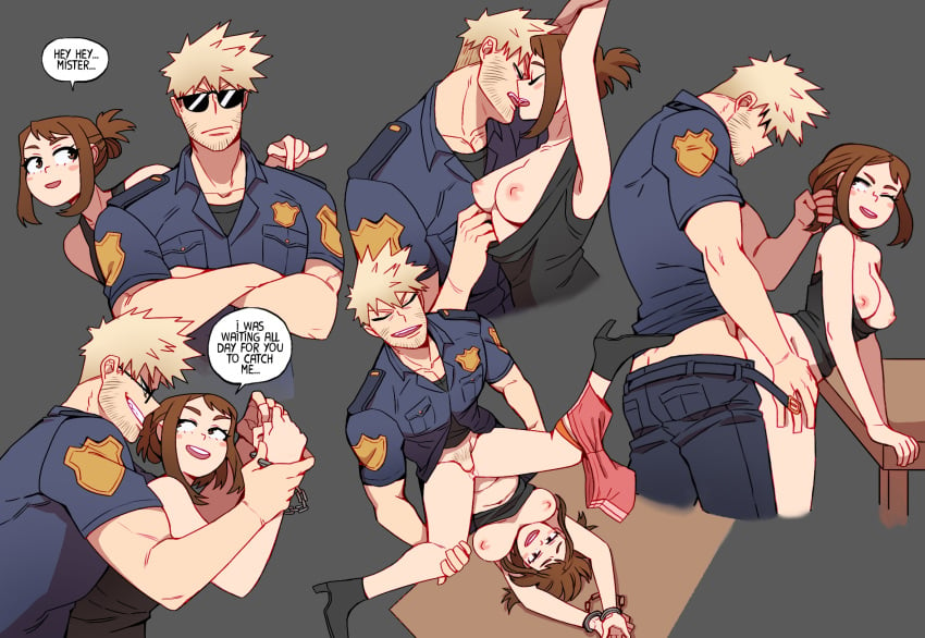 1boy 1boy1girl 1girls aged_up arms_up bakugou_katsuki blonde_hair boku_no_hero_academia bondage breasts breasts_out brown_hair buff clothed_sex cuff_(restraint) cuffed cuffs english_text exposed_breasts female female_penetrated french_kiss from_above from_behind from_behind_position hair_grab hair_pull head_down_ass_up hetero katsuki_bakugou kissing legs_apart legs_held_open legs_spread making_out male male/female male_penetrating my_hero_academia ochako_uraraka on_table panties_around_leg partially_clothed police police_officer police_uniform pulling_clothing restrained restrained_wrists roleplay sex shirt_down shirt_pull speech_bubble spiky_hair standing_doggy_style standing_sex straight superevey taken_from_behind tongue_kiss tongues_touching top-down_bottom-up uraraka_ochako vaginal_penetration