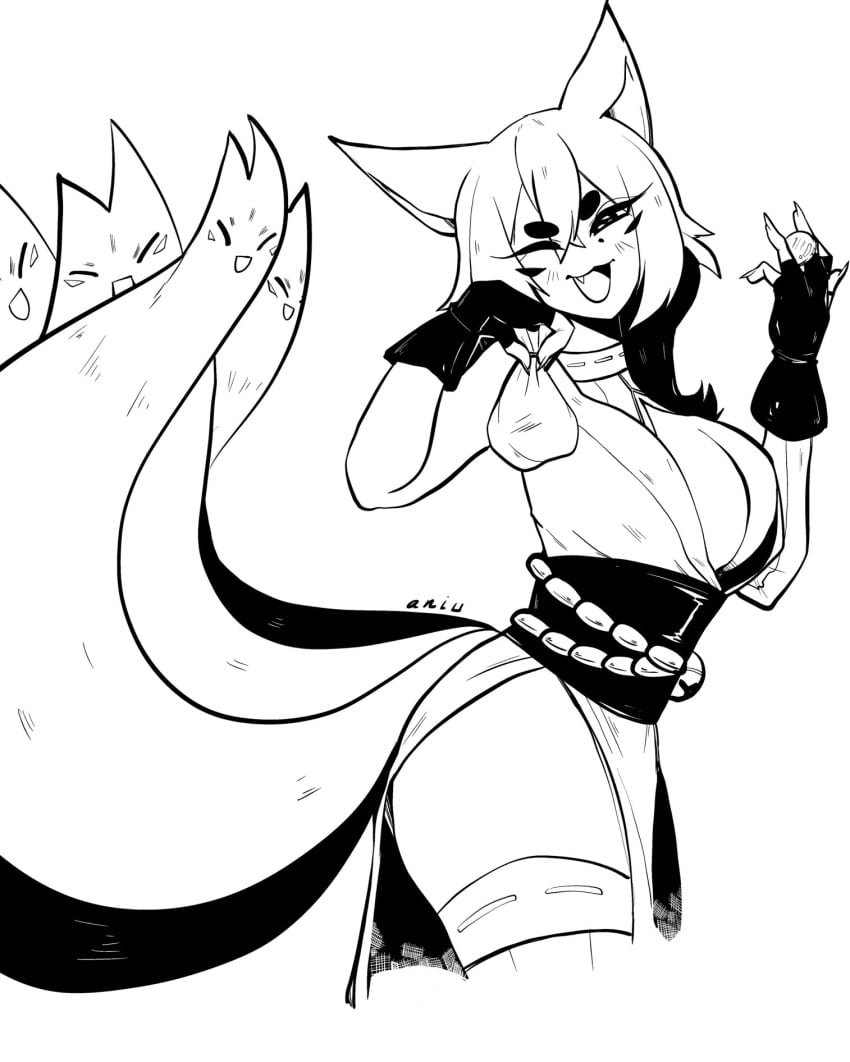 black_and_white fox_ears fox_girl kimono kitsune multi_tail unknown_artist