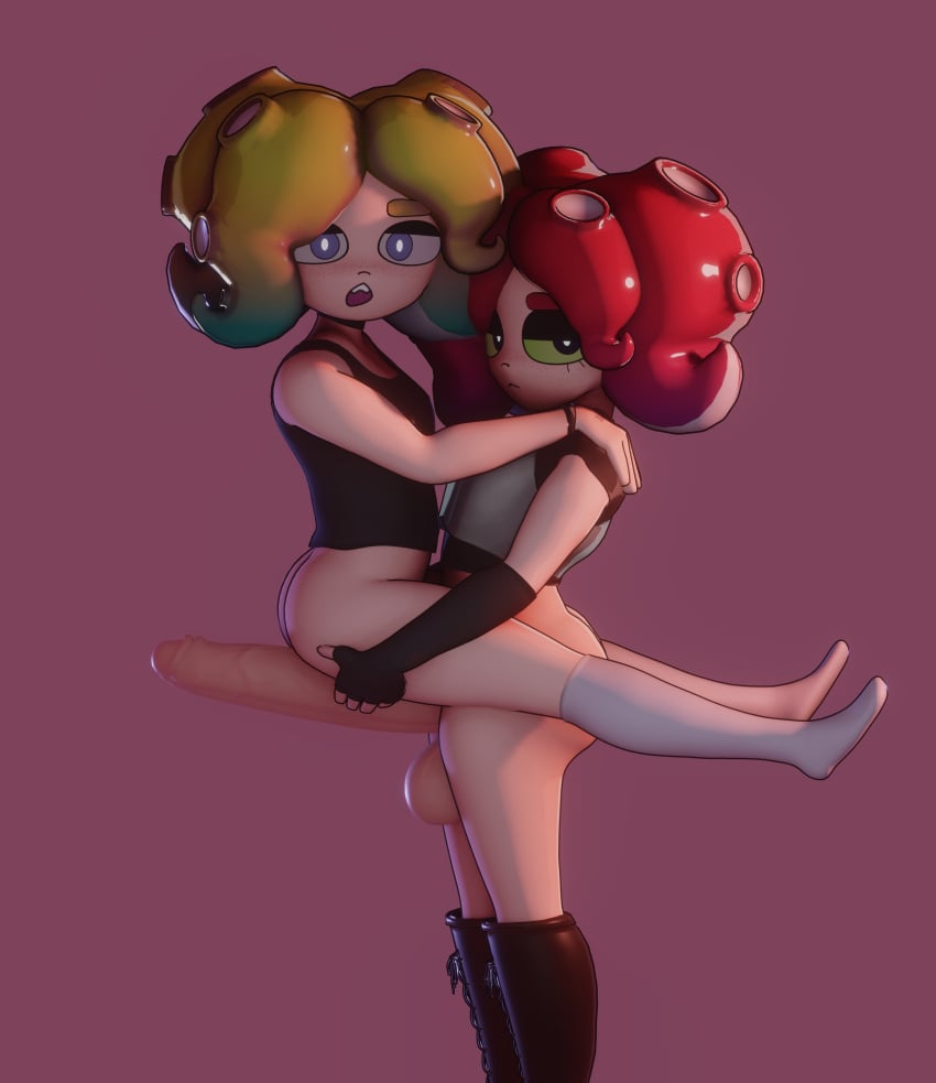 1futa 1girls 3d balls bottomless carrying carrying_partner clothed clothing duo erection female futa_on_female futanari huge_cock humanoid humanoid_penis kneesocks light-skinned_female light-skinned_futanari light_skin mixed_media octarian octoling octoling_girl octoling_rival partially_clothed penis red_hair socks splatoon splatoon_(series) stand_and_carry_position standing