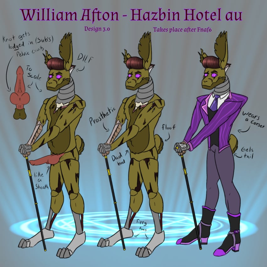 animatronic big_knot brown_hair cane crazy_eyes dad_bod dilf five_nights_at_freddy's fluffy_tail fnaf green_fur grey_hair hazbin_hotel knotted_penis male_only purple_eyes purple_suit rabbit_ears rabbit_feet rabbit_humanoid rabbit_tail robotic_arm scraptrap sheath smirk solo_male springtrap springtrap_(fnaf) william_afton