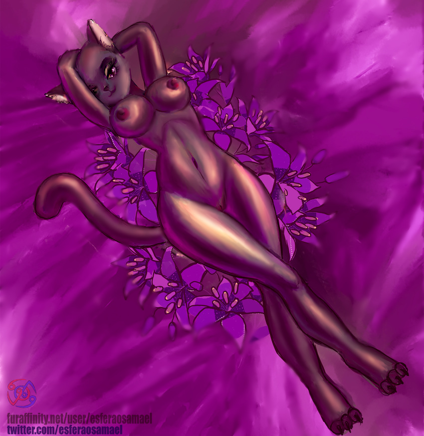 big_breasts breasts clothing esferaosamael felid feline female flower fur hi_res legwear mammal neckline nude pinup plant pose pussy solo tights