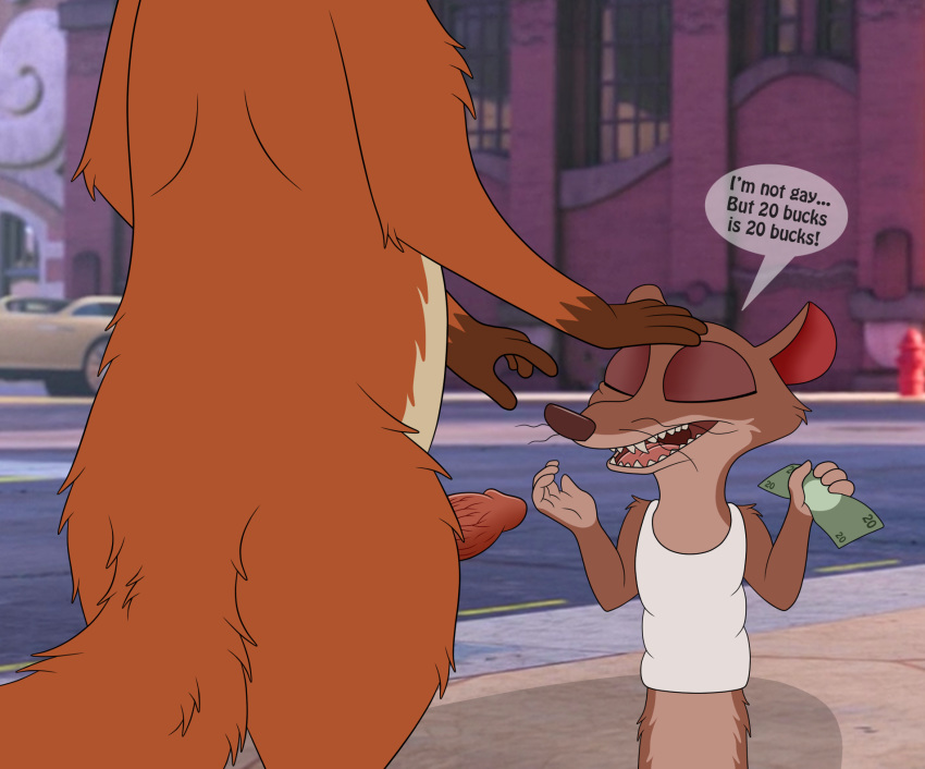 2boys anthro canid canine closed_eyes clothing disney duke_weaselton erection fluffy fluffy_tail fox gay hi_res male male/male male_only mammal money mustela mustelid musteline nick_wilde open_mouth oral paying penis prostitution size_difference skateryena yaoi zootopia