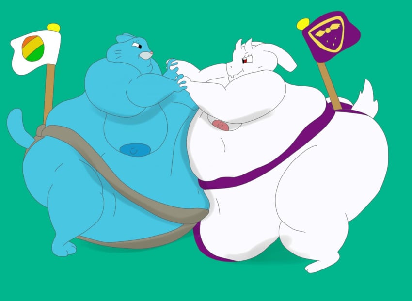 2girls barely_clothed exposed_breasts fat_fetish flag nicole_watterson overweight overweight_anthro overweight_female sakenskunk sumo the_amazing_world_of_gumball toriel undertale