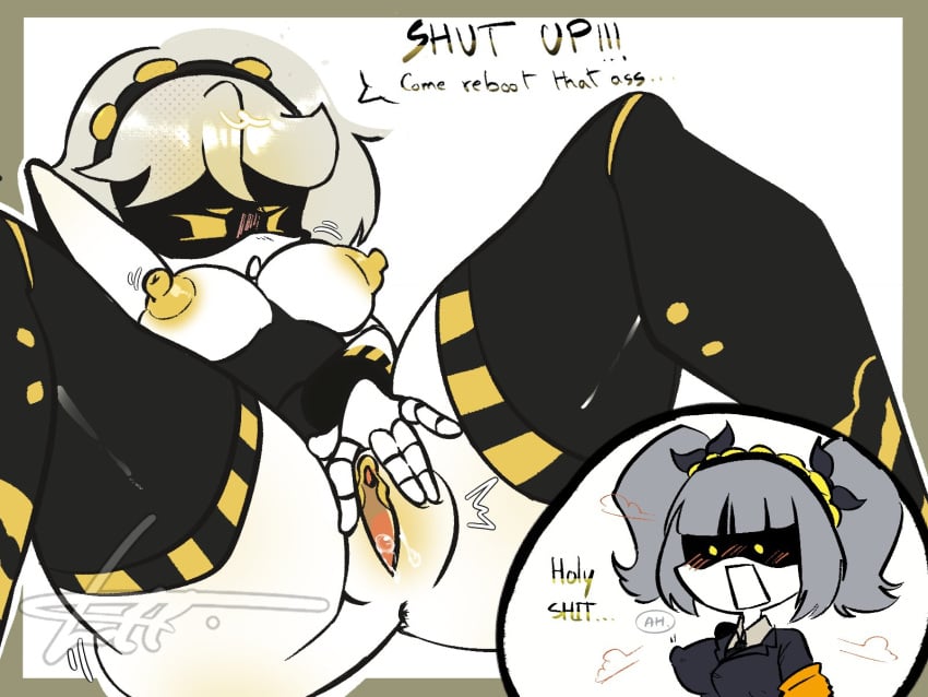 2girls boobs_out breasts croomiensfw exposing_pussy female female_only glitch_productions hard_nipples j_(murder_drones) murder_drones naked nipple_bulge nipple_erection spreading_pussy v_(murder_drones) wet_pussy yuri