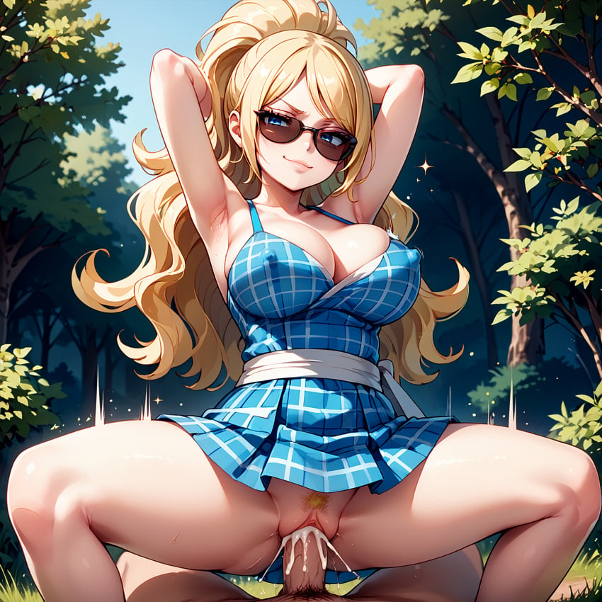 ai_generated cleavage cowgirl_position cum_in_pussy cum_inside fairy_tail jenny_realight large_breasts orgasm payop plaid_dress pony_diffusion_xl smug sunglasses vaginal_penetration vaginal_sex