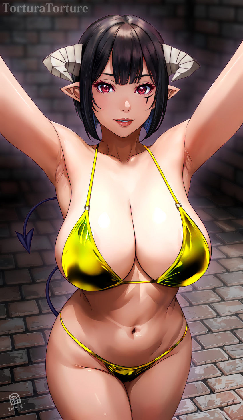 armpits bikini breasts closed_mouth demon_girl demon_horns feet_out_of_frame female groin highres hime-sama_"goumon"_no_jikan_desu horns large_breasts lipstick looking_at_viewer makeup nail_polish navel purple_bikini red_eyes shiny_skin smile solo stomach swimsuit syow-maru tortura_torture torture_tortura