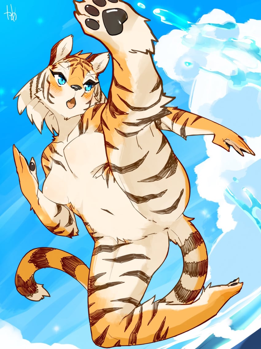 airborne anthro anus blue_eyes blush breasts day featureless_breasts featureless_crotch felid female fighting_pose fur hi_res kame_3 kemono kick mammal navel nude orange_body orange_fur pantherine pawpads pose solo stripes tiger white_body white_fur