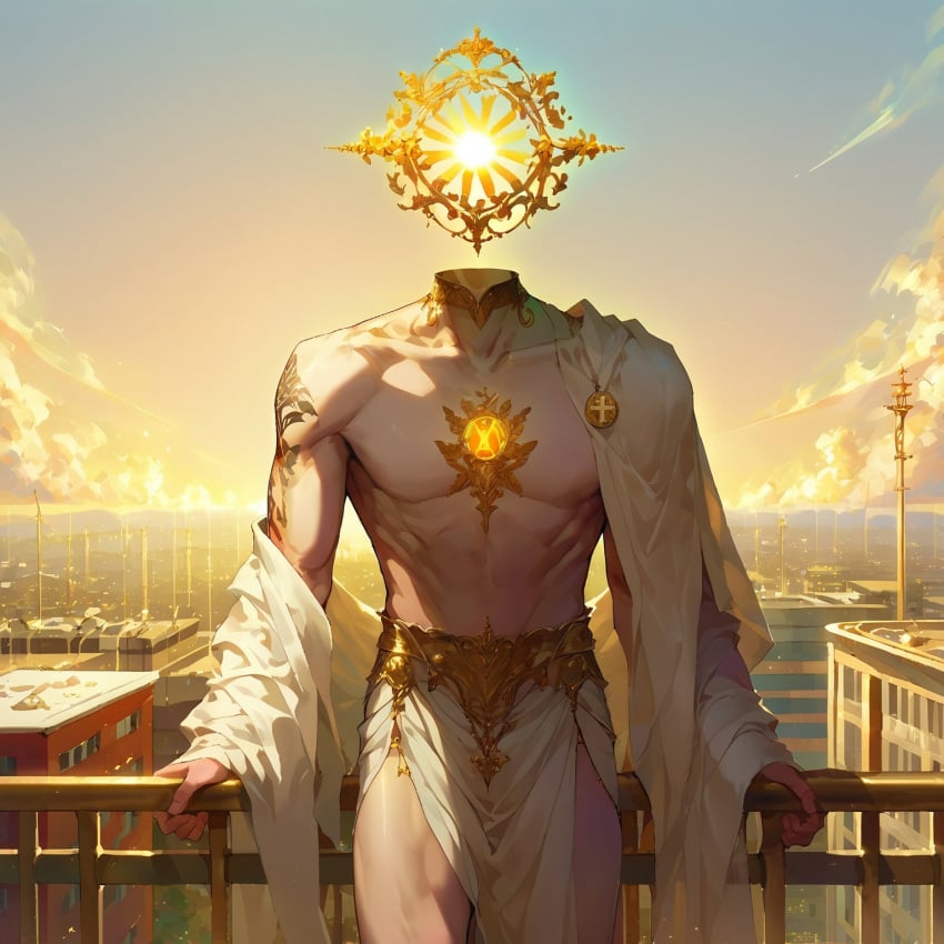 1boy 2024 against_railing ai ai_generated aizu1077 barely_clothed bottomwear chest_jewel city city_background cityscape clothed clothed_male cloud clouds collarbone colored_skin cowboy_shot day deity divine faceless_male feet_out_of_frame formal gold_trim halo hunk jewelry loincloth male male_only muscle muscles muscular muscular_male object_head oc open_topwear original original_artwork original_character ornament outdoors pony_diffusion_xl portrait questionable ribs roman_clothing rooftop sfw shawl skyline solo solo_focus solo_male standing sunset tattoo tattoos thighs topwear white_skin