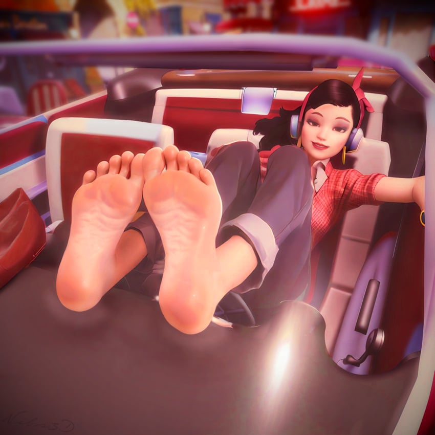 3d barefoot car d.va feet foot_fetish nibs3d no_shoes overwatch overwatch_2 pinup pressed_against