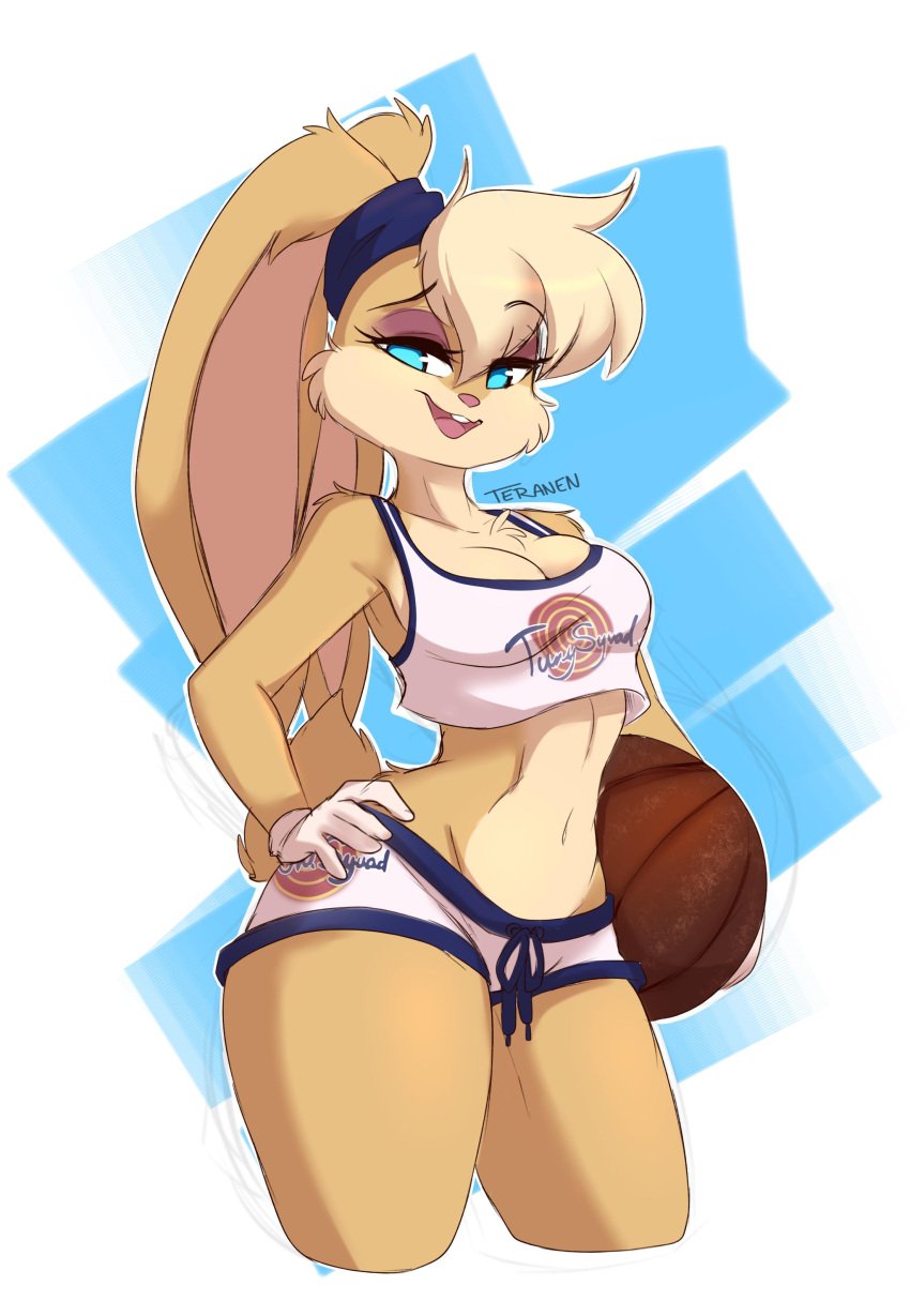 1girls anthro areolae basketball basketball_uniform big_breasts blue_eyes breasts bunny_ears bunny_girl bunny_tail busty child_bearing_hips cleavage confident curvy furry gloves half-closed_eyes hand_on_hip hi_res large_breasts legs lola_bunny looking_at_viewer looney_tunes midriff navel open_mouth seductive seductive_look seductive_smile shirt shorts sleeveless_shirt smile space_jam teranen thick_thighs thighs voluptuous