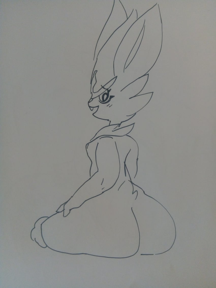 1girls anthro ass big_ass bottom_heavy breasts buckteeth cinderace eye_contact female furry half-closed_eyes lagomorph looking_at_viewer meow_fuck monochrome nintendo pokemon pokemon_ss pose sitting sketch small_breasts source_request thick_thighs wide_hips