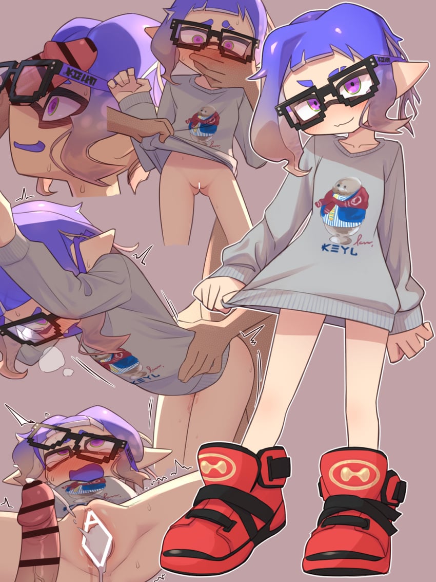 1boy after_sex blue_eyes bottomless cum cum_in_pussy domino_mask female glasses grey_background highres inkling inkling_girl inkling_player_character mask no_panties organ_rn penis pink_eyes pointy_ears pussy retro_framers_(splatoon) sex shoes short_hair simple_background sneakers splatoon_(series) splatoon_3 tentacle_hair