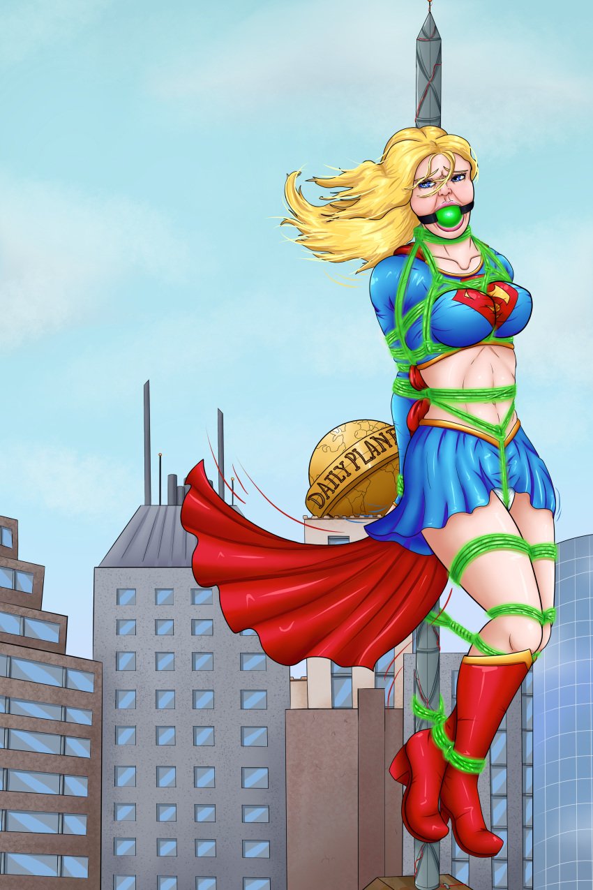 ball_gag bare_midriff blonde_hair bondage bound cape crotch_rope female female_only femsub fully_clothed gag kryptonite meowitzher midriff midriff_baring_shirt miniskirt panties png revealing_clothes rope skirt supergirl superheroine