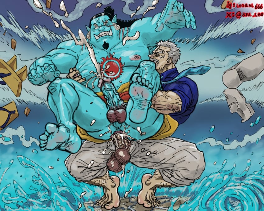 anal anal_sex anl_leo blue_body blue_skin boner cum cum_in_ass cum_inside erection facial_hair fish-men_(one_piece) gay jinbe male male_only monkey_d_garp one_piece orgasm overweight overweight_male sex