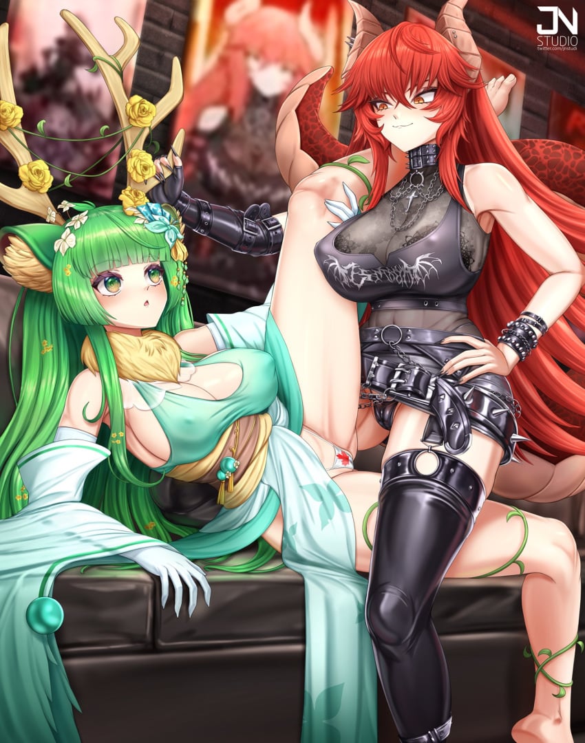 2d 2d_(artwork) 2girls animal_ears animal_humanoid antlers artist_name big_breasts blush breasts butt_fang cleavage clothed clothing couch dragon_girl dragon_horns dragon_humanoid dragon_tail duo erect_nipples_under_clothes female female_only green_hair haruka_karibu jnstudio kemonomimi laying_on_side light-skinned_female light_skin long_hair on_side paid_reward_available red_hair virtual_youtuber vshojo vtuber zentreya