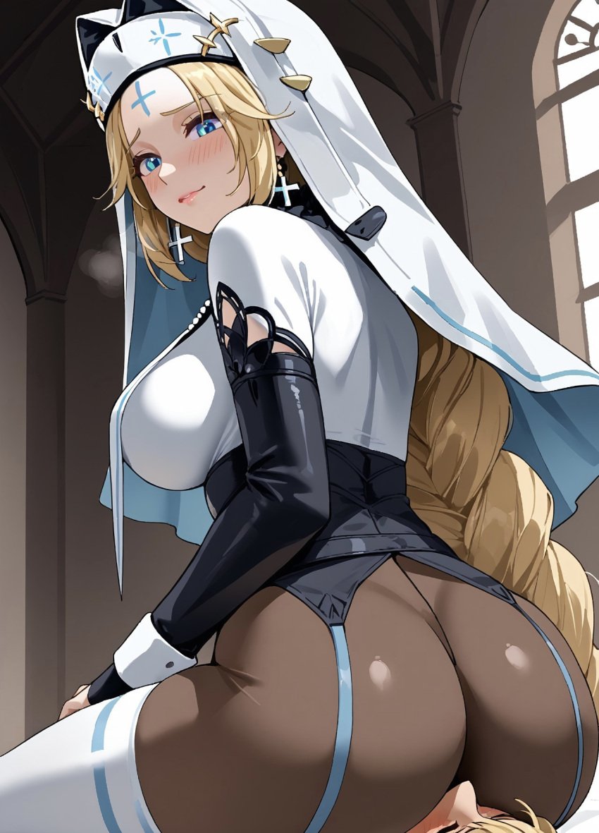 ai_generated ass_in_face ass_sniffing blonde_hair blue_eyes blush bodystocking cowgirl_position facesitting goddess_of_victory:_nikke rapunzel_(nikke) smiling veil