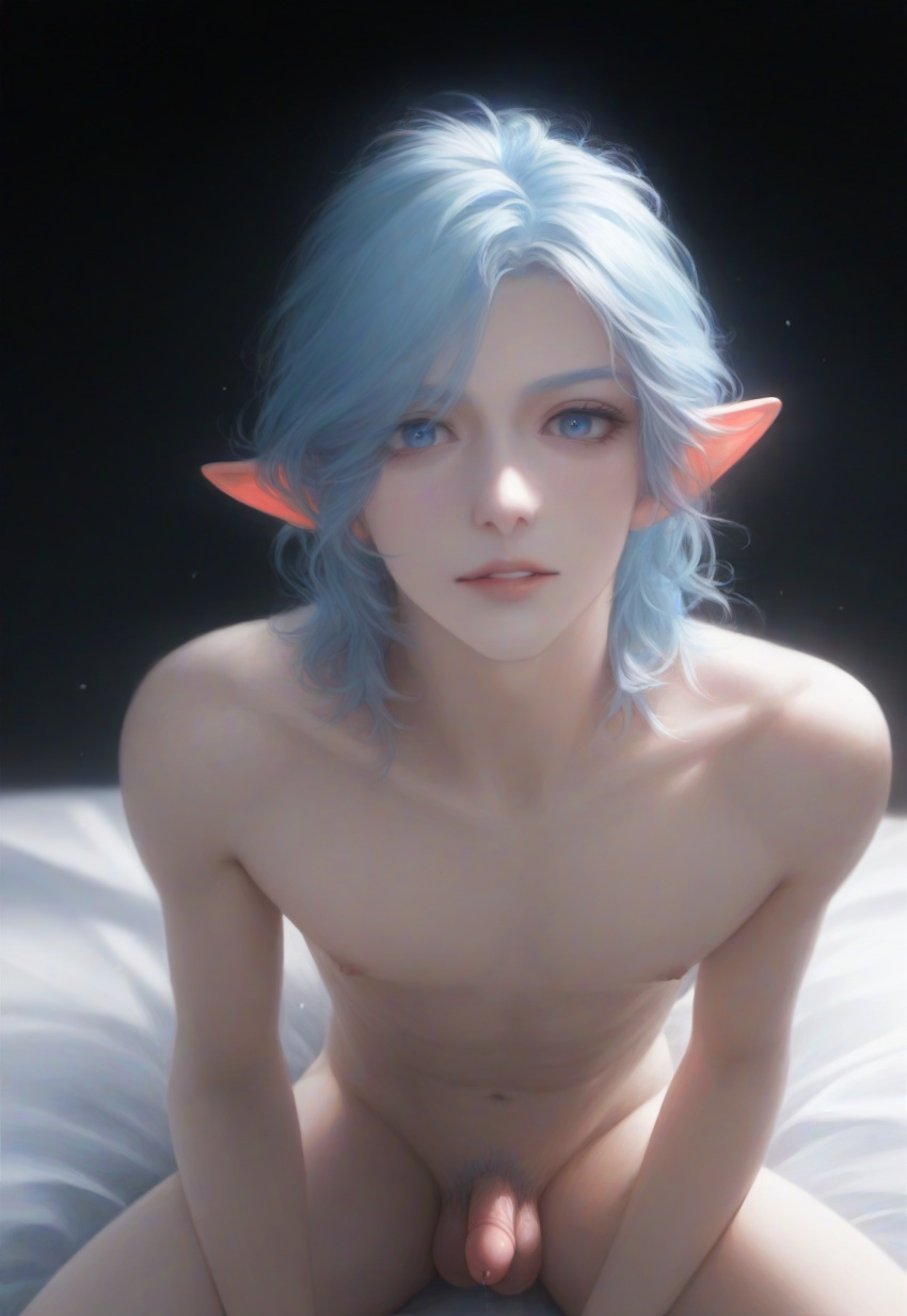 1boy 1male ai_generated balls bed blue_eyes blue_hair elf elf_ears elf_male epic_fantasy_whore femboy feminine_male looking_at_viewer male male_nipples male_only messy_hair nai_diffusion nude nude_male on_bed original_character penis pointy_ears shoulder_length_hair sitting sitting_on_bed slim slim_male small_penis solo solo_male staring staring_at_viewer