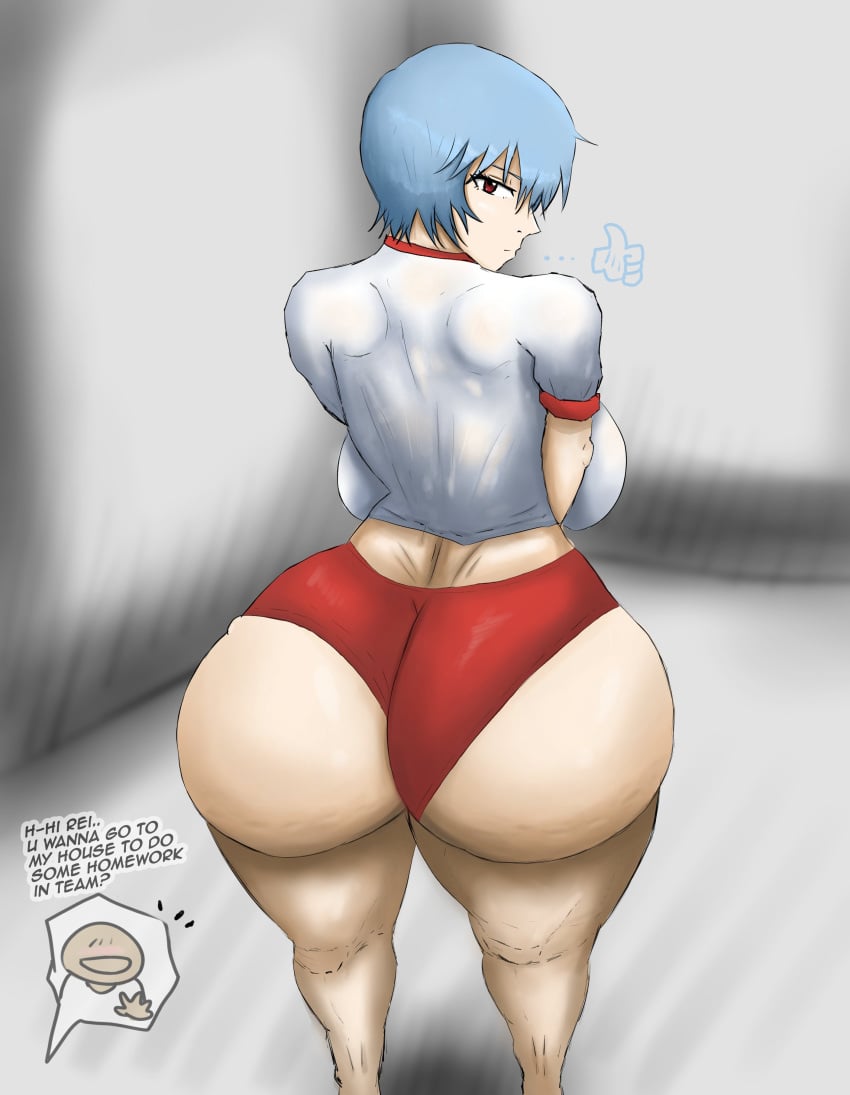 1boy 1girls anon big_ass big_breasts blue_hair crossed_arms dialogue hand_up hips hips_wider_than_shoulders limpbizkit minishorts neon_genesis_evangelion red_eyes red_shorts rei_ayanami serious thick_ass thick_thighs