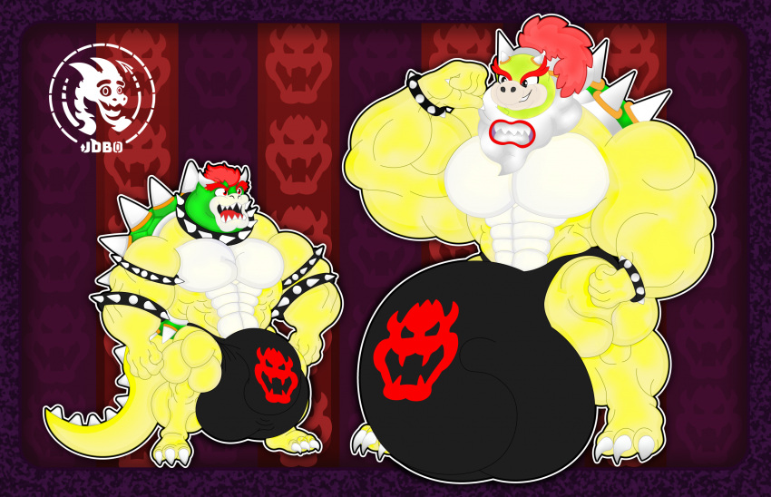 2boys abs anthro balls big_balls biped bowser bowser_jr. bulge claws clothed clothing detailed_background detailed_bulge duo genitals hair hi_res horn huge_balls hyper hyper_balls hyper_genitalia jdbo-arts jewelry koopa male male/male mario_(series) muscular muscular_anthro nintendo open_mouth partially_clothed pecs ponytail red_eyes red_hair scalie spikes underwear