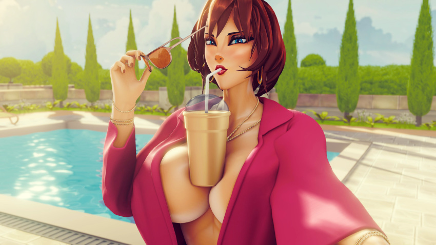 big_breasts blue_eyes breasts bubble_tea bubble_tea_challenge cleavage eyelashes eyeshadow female female_focus female_only gaussianfracture huge_breasts large_breasts lipstick mature mature_female milf outdoors pinup selfie solo tagme