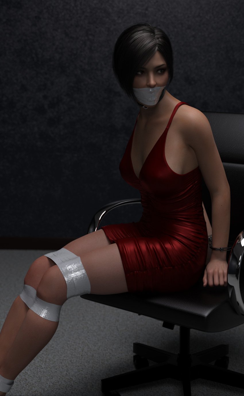 3d 3d_(artwork) abducted ada_wong arms_behind_back artist_request asian asian_female bare_legs black_hair bondage breasts capcom captive captured chair_bondage cuffs defeated dress eyeliner female female_focus female_only femsub forced gag gagged handcuffed handcuffs helpless kidnapped legs makeup microfoam microfoam_tape red_clothing red_dress resident_evil restrained short_hair slave slavegirl tape tape_bondage tape_gag taped_mouth thighs tied_to_chair tight_clothing video_game video_game_character video_game_franchise video_games white_tape