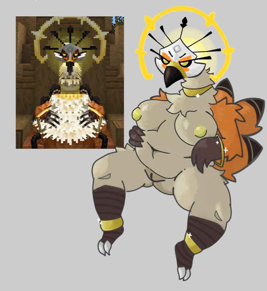 absurd_res angry anthro avian big_breasts boss breasts claws darkoh deity eyeliner feathers female genitals gold_(metal) gold_jewelry hi_res jewelry makeup mask microsoft minecraft mod mojang orange_body orange_feathers overweight overweight_anthro overweight_female pussy solo white_body white_feathers xbox_game_studios