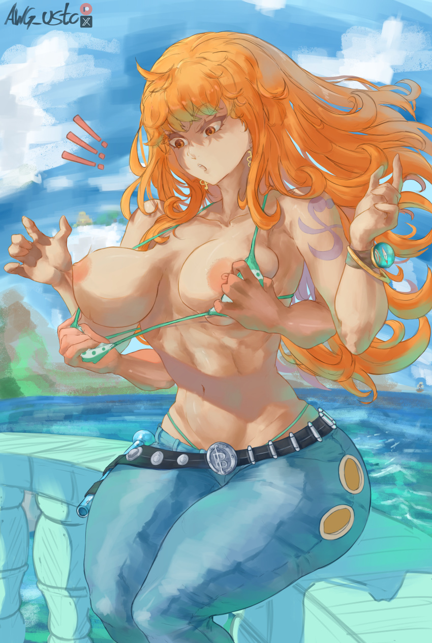 awg_usto big_breasts bikini bra_lift female female_only grabbing_from_behind hana_hana_no_mi jeans long_hair nami one_piece orange_hair red_hair striped_bikini thick_thighs