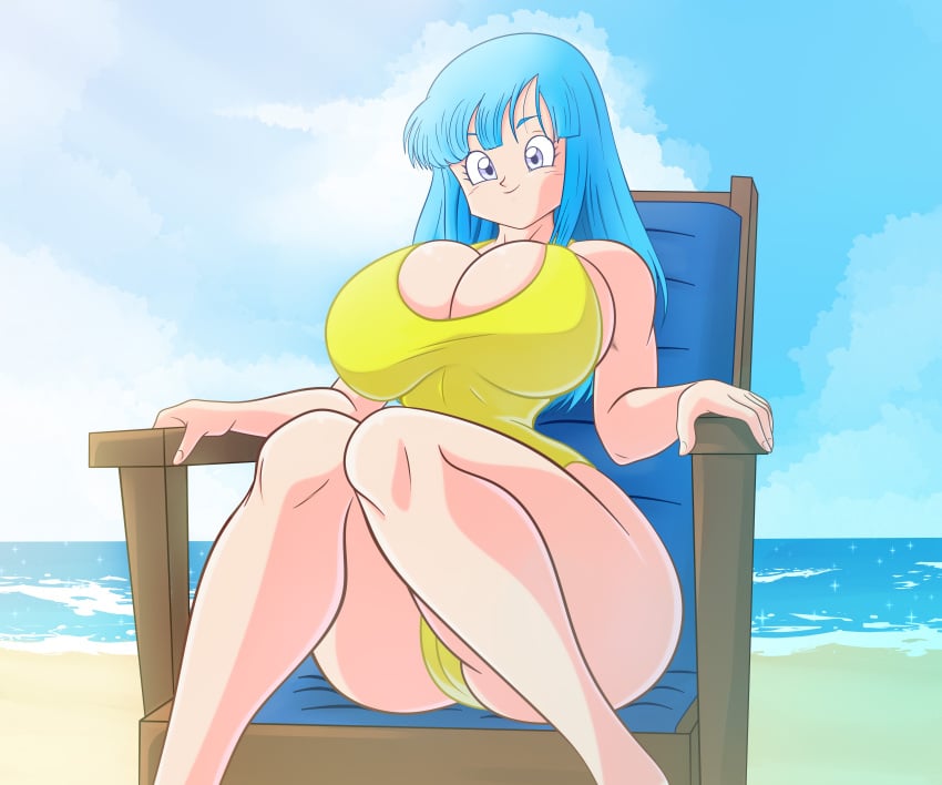 beach big_breasts blue_hair dragon_ball dragon_ball_z female female_only long_hair maron sitting soul-z swimsuit viewed_from_below yellow_swimsuit