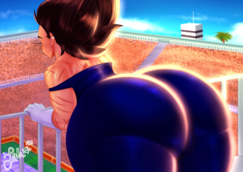 1boy arena big_ass big_butt butt_focus crowd dragon_ball dragon_ball_z femboy femboy_dilf feminine_male jah_(artist) jewelry leaning leaning_forward muscular scars sleeves_past_elbows vegeta