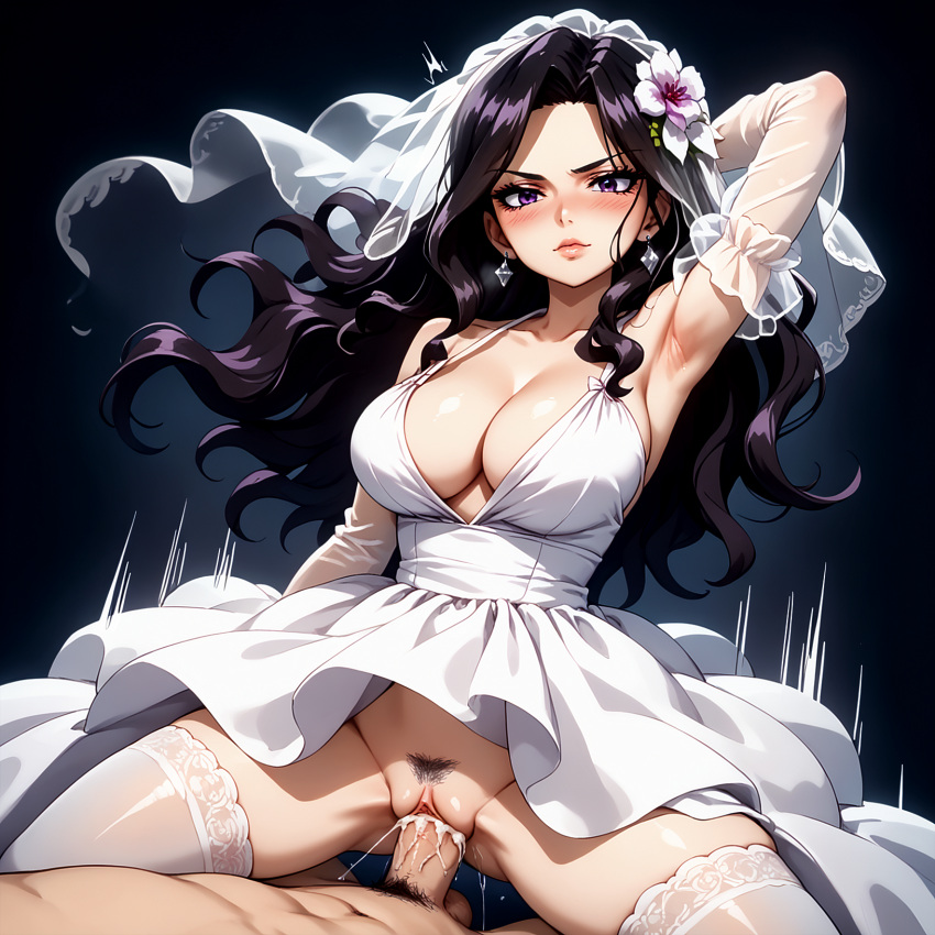 ai_generated bride bride_veil cana_alberona cleavage cum_in_pussy cum_inside fairy_tail hair_flower large_breasts payop plunging_neckline pony_diffusion_xl silk stockings vaginal_penetration vaginal_sex wedding_dress