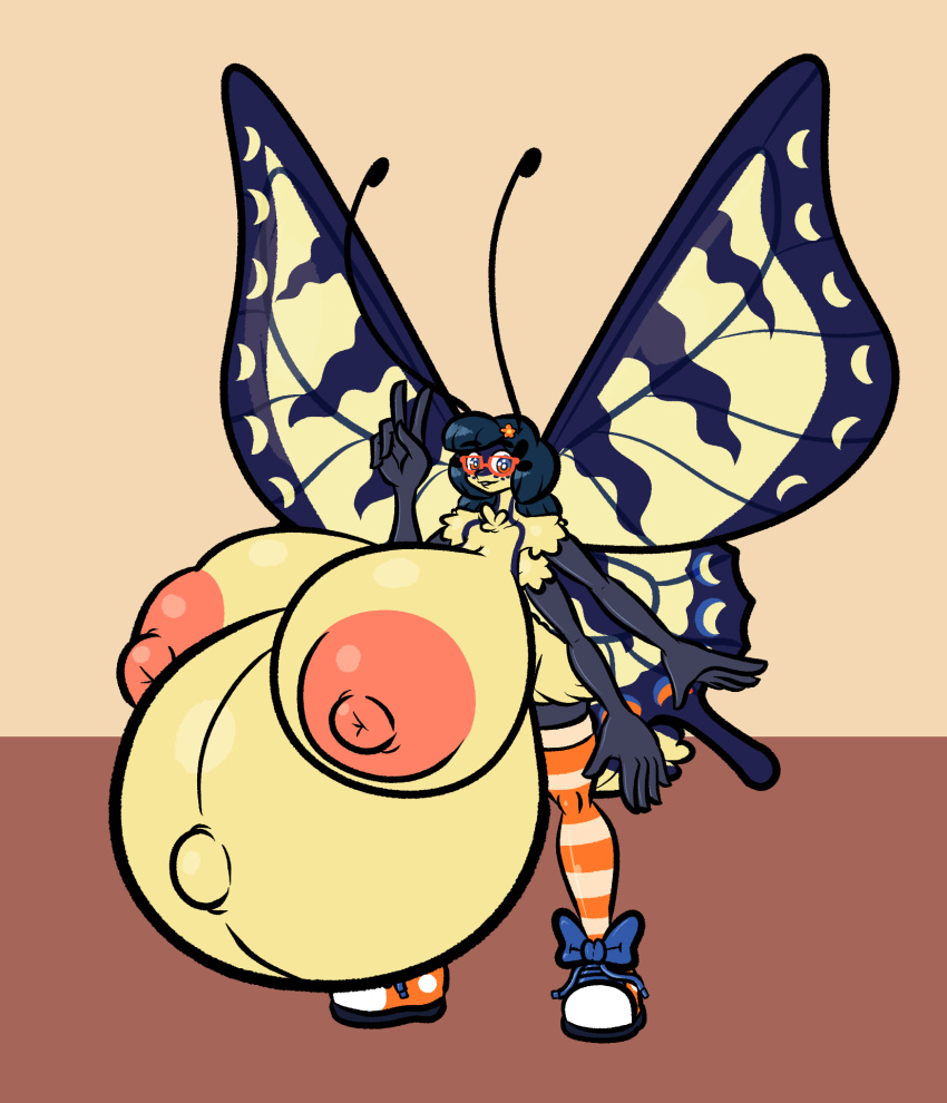 accessory antennae_(anatomy) anthro areola arthropod belly big_areola big_belly big_breasts big_nipples black_hair breasts butterfly clothing eyewear female footwear genitals gesture glasses hair hair_accessory hand_gesture hi_res huge_areola huge_belly huge_breasts hyper hyper_belly hyper_breasts hyper_pregnancy insect_wings insects legwear lepidopteran lepidopteran_wings multi_arm multi_limb multicolored_eyes navel nipples non-mammal_breasts outie_navel pattern_clothing pattern_legwear pattern_stockings pink_nipples pregnant pregnant_female puffy_nipples pussy shoes simple_background sneakers solo sprucy stockings striped_clothing striped_legwear striped_stockings stripes two_tone_eyes v_sign wings yellow_body