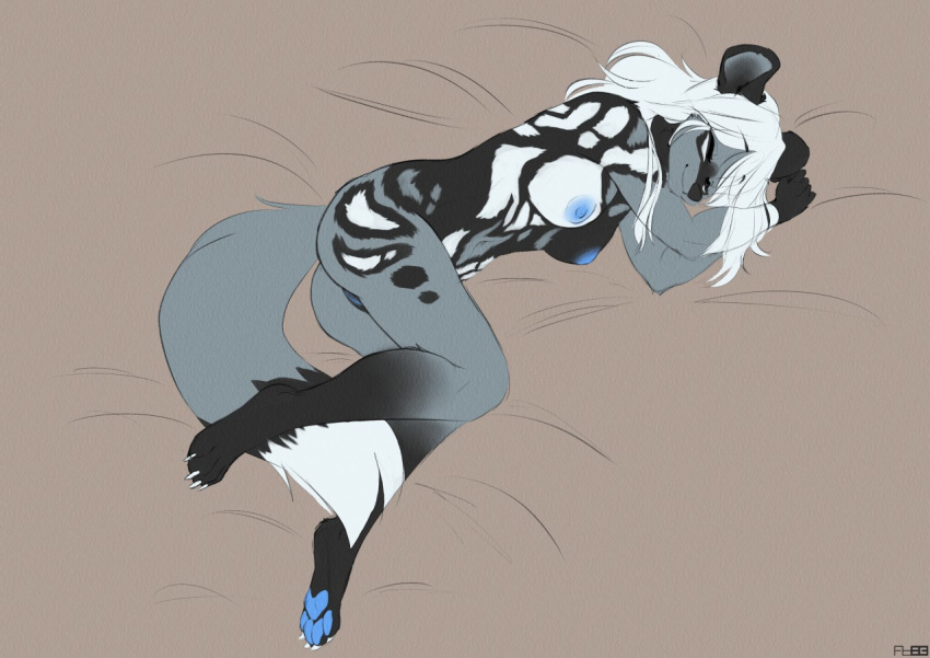 2019 4_toes 5_fingers african_wild_dog anthro areola blue_pawpads breasts canid canine closed_eyes digital_media_(artwork) enya_(littlemutt) female fingers foxboy83 hair mammal nipples nude pawpads sleeping solo toes white_hair