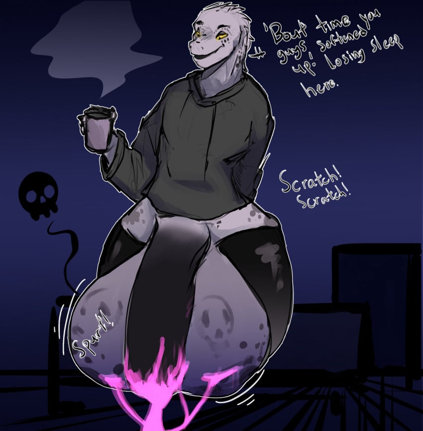 anthro balls big_balls bodily_fluids butt_scratch clothing cock_vore coffee_cup container cum cum_on_balls cup dialogue digestion dragon dripping footwear genital_fluids genitals hi_res hoodie huge_balls hyper hyper_balls hyper_genitalia ku(salamanderku) legwear looking_down male male/male markings mythological_creature mythological_scalie mythology penile penis precum precum_drip saggy_balls scales scalie shnuckshnuck skull_symbol socks solo spots spotted_markings thigh_highs thigh_socks topwear vore white_body white_scales yellow_eyes