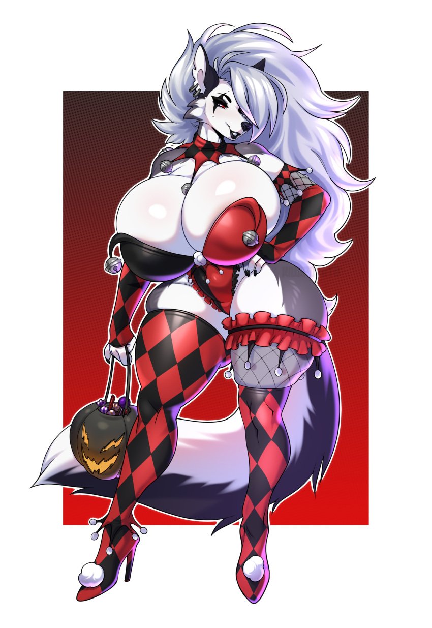 anthro clown clown_girl clussy female female_only halloween helluva_boss huge_breasts jester_costume jester_outfit kiwipotato loona_(helluva_boss)