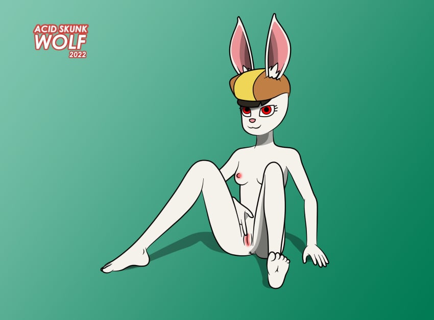 2022 acidskunkwolf anthro breasts clitoral clitoral_masturbation clothing dragon_ball dragon_ball_super eyelashes feet female genitals green_background hat hat_only headgear headgear_only headwear headwear_only hi_res humanoid_feet inner_ear_fluff lagomorph leporid mammal masturbation mostly_nude nipples nude pink_inner_ear pink_nose plantigrade pussy rabbit red_eyes simple_background solo sorrel tagme tuft white_body